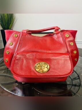 Emma Fox Red Pebbled Leather Handbag Gold Rivet Studs Floral Lining Satchel